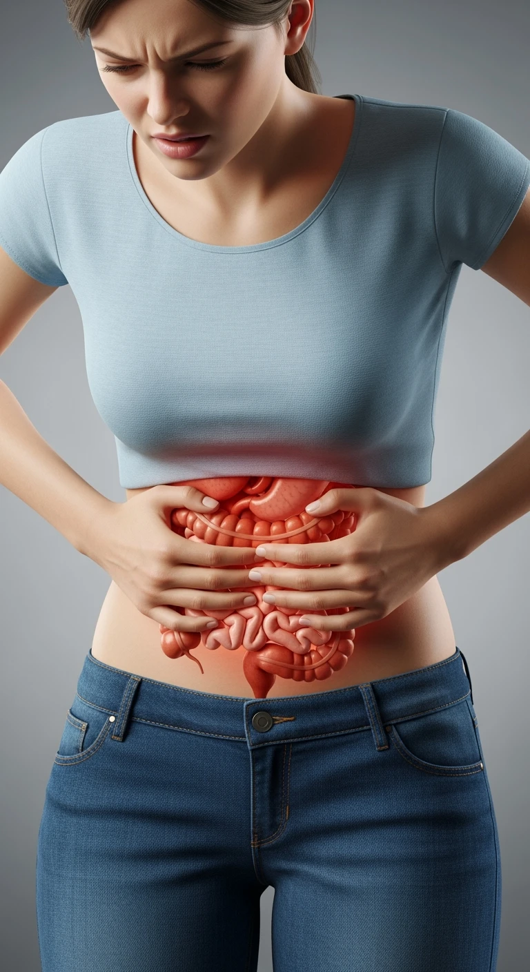 DONNA CON INTESTINO ANATOMICO REALISTICO e mal di pancia, intestino realistico in evidenza, IPERREALISTICO 4K emoji