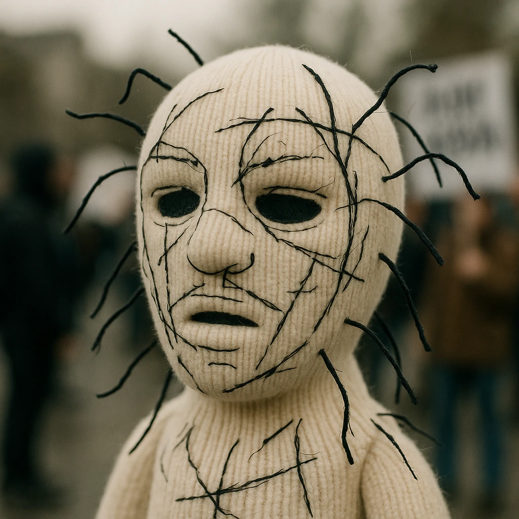 The mask is a full-head, white knitted balaclava with a tight ribbed texture. It features two asymmetrical eye openings and a partially exposed mouth area. Black thread is stitched across the surface in chaotic, abstract lines that trace facial features, giving a hand-drawn effect. Several black cords extend outward from the mask, varying in length and direction, adding a sculptural, almost organic appearance. The overall look is bold, handcrafted, and visually striking. emoji