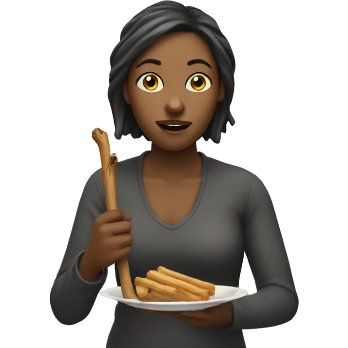 a woman is eating a stick holding wit a hand emoji