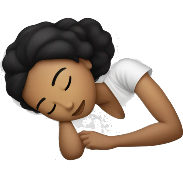 Sleeping woman laying with light brown skin and black hair laying on white pillow in large bed with black covers cozy emoji
