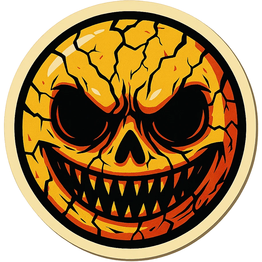 creepy scary emoji with cracks, sharp black outlines, expressive shadows and highlights, no gradients, only sharp color transitions, retro stickers style emoji