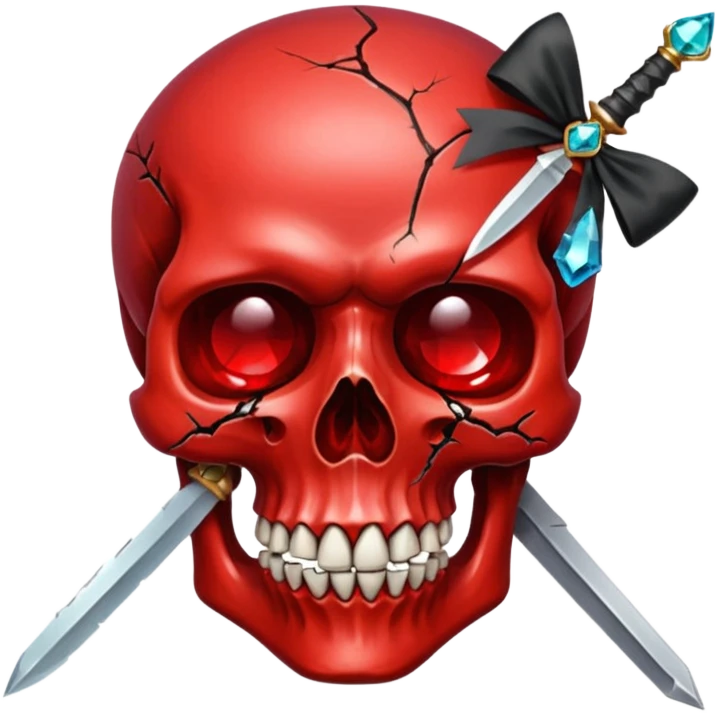 make me a red crystal skull partly see thew super gem like make it realistic and held together by a black bow and a small dager to the eye with cracks coming from it  emoji