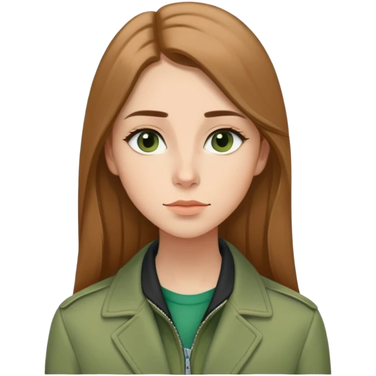 Caucasian girl with elongated face, soft jawline, long straight light brown hair with middle part, almond-shaped brown eyes with black eyeliner, thoughtful expression with slight smile, wearing green jacket emoji