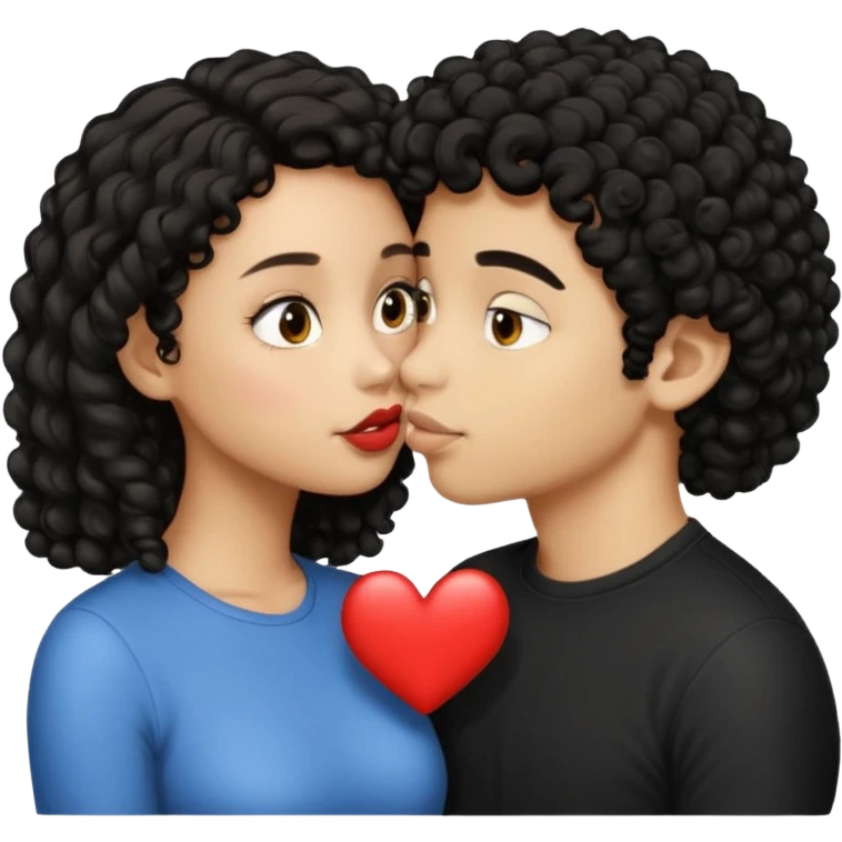 a light skin girl with medium black curly hair and a light brown boy with medium length black hair kissing emoji emoji