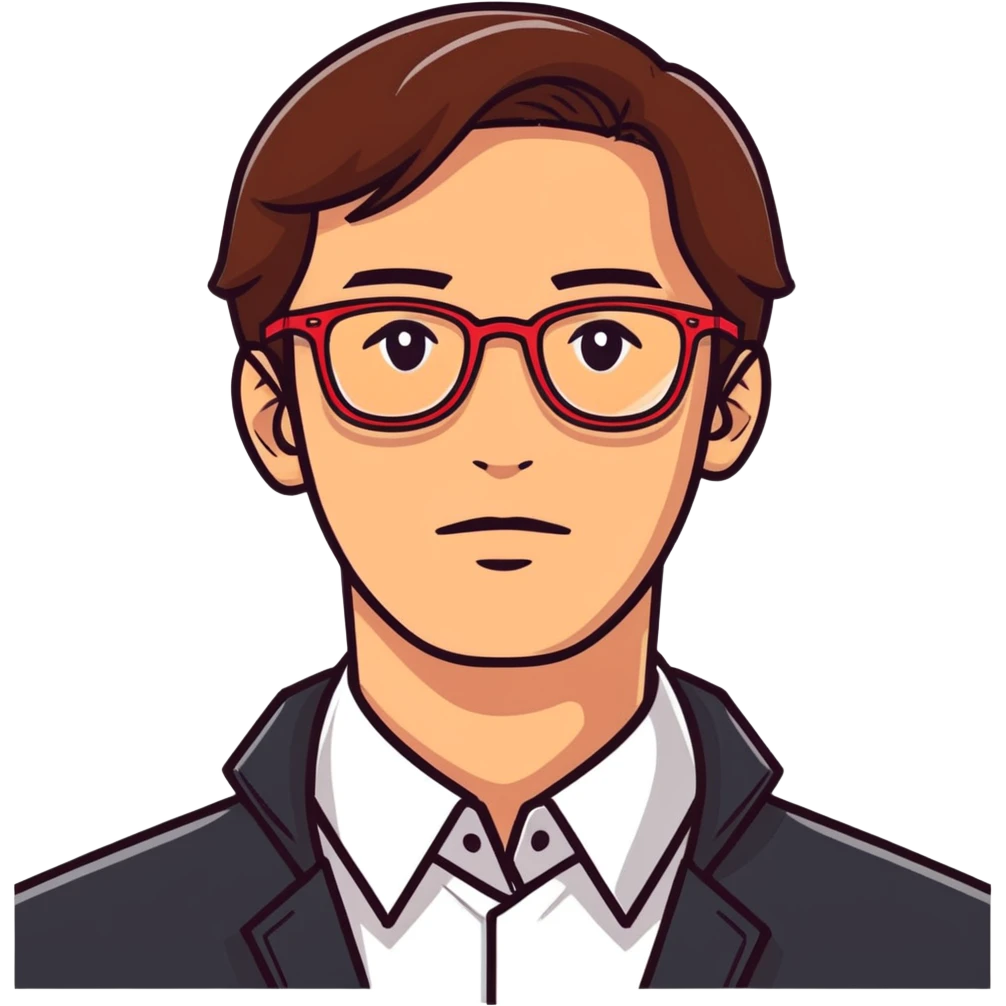 face of a man with a lot of brown hair and red glasses emoji
