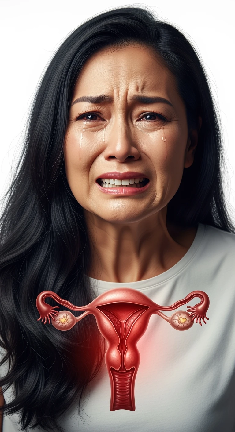 donna con utero umano realistico in evidenza dolorante, espressione di dolore in volto, sfondo bianco, non farla computerizzata, ma iperrealistica 4k emoji