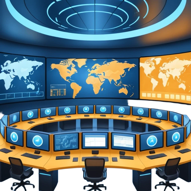 Cinematic mission control center, massive curved video walls with complex telemetry and glowing data visualizations, symmetrical high-tech workstations, dim blue and amber ambient lighting, sharp focus, hyper-realistic, atmosphere of absolute precision. emoji