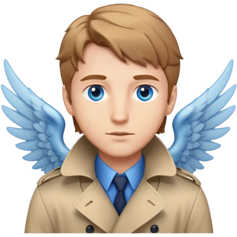 A male angel who has blue eyes and light brown hair, wearin trench coat  emoji