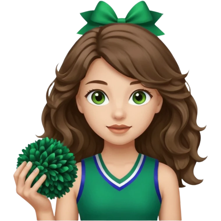 A pretty girl, her eyes is blue, her hair is brown long wavy hair, and wear green Hawkins cheerleader no sleeve uniform and hold pompom emoji