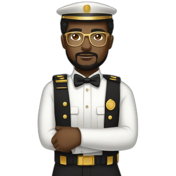 black soldier with beard, part in black hair, white collared shirt, bow tie, gold frame glasses, bulletproof vest  emoji