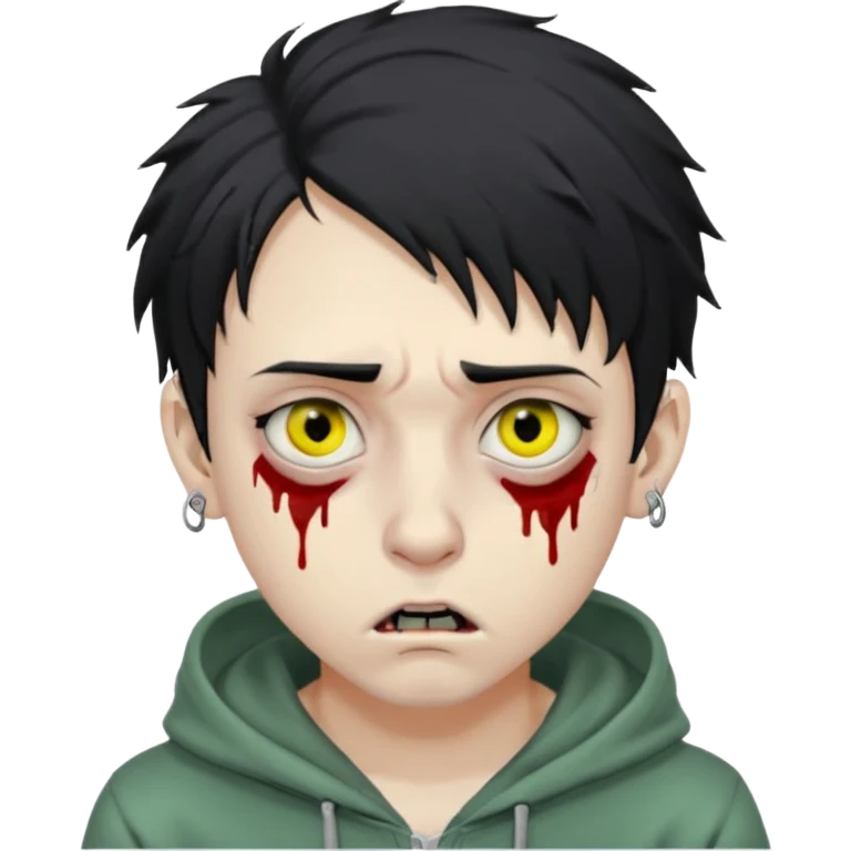 zombie emoji in WhatsApp style, young man, pale green skin, large yellowish eyes, dark circles, black messy hair, blood tears, silver eyebrow piercing, nose ring, hoodie, realistic, sharp facial features, slightly scared, creepy look emoji