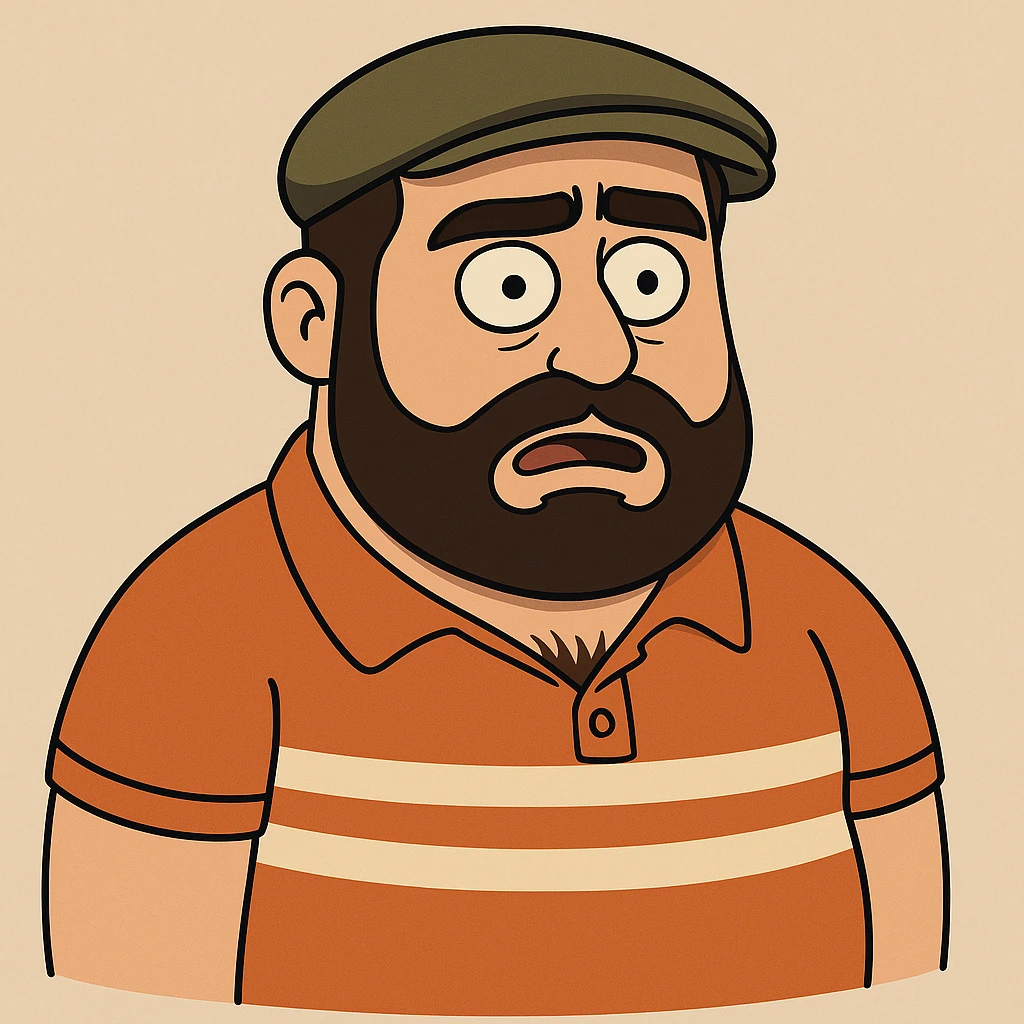 Make the character resemble the man in the reference photo more closely, focusing on facial features, eyebrows, beard and mustache shape, hat, and shirt details. Use a flat toon style like a cartoon. emoji