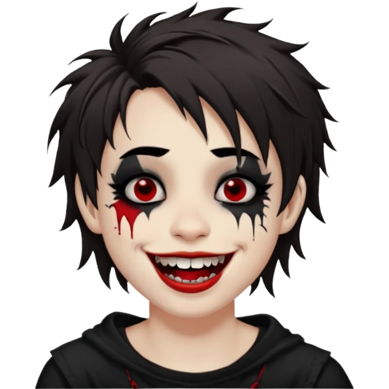 Laughing pale Goth boy with a bunch of face piercings, with shaggy dark brown hair, and messy black eyeliner , smudged, red, lipstick  emoji