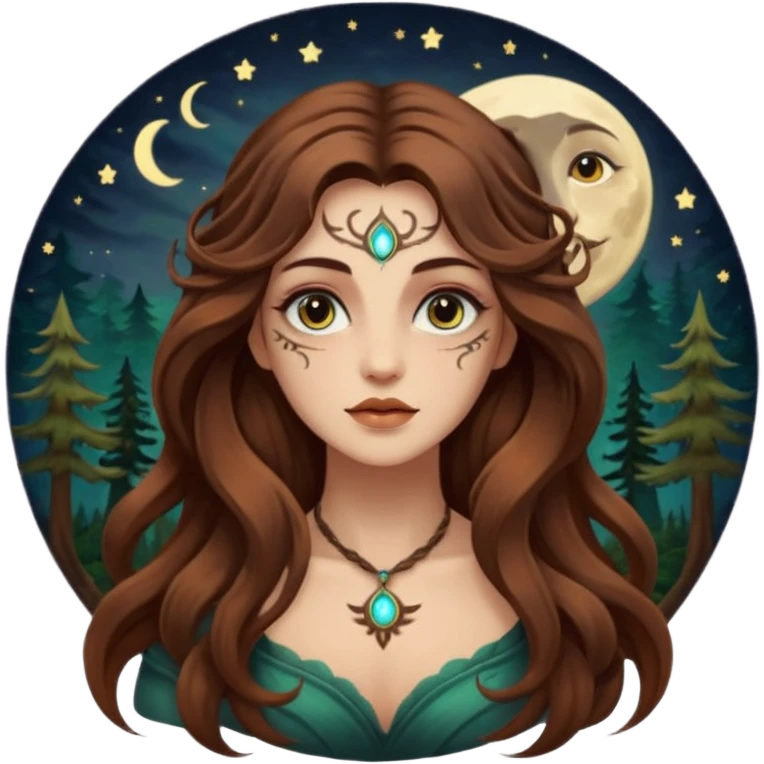 forest mystic woman long wavy brown hair tattoos half-lidded eyes moon glow emoji