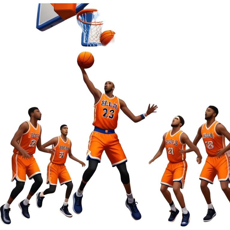 An icon showing a basketball court with players in action, inspired by NBA 2K25. A player jumps for a dunk, the ball mid-air, surrounded by a vibrant basketball arena with cheering fans and bright lights. Transparent background emphasizes the intense atmosphere emoji
