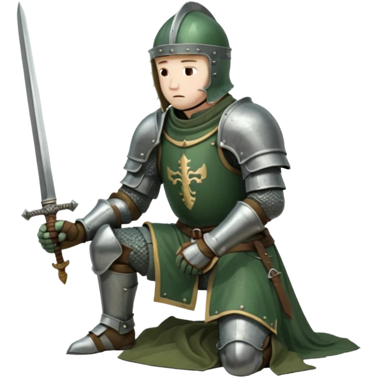 A lone medieval knight in a green worn armor kneels. His helmet is closed, hiding his face, conveying silence, exhaustion and contemplation. A long sword is planted in the ground beside him, its hilt resting near his gloved hands as if he is praying or resting after battle. emoji