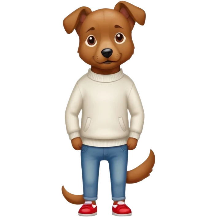 Brown dog standing upright with hands in jean pockets, wearing a white sweater and red shoes emoji