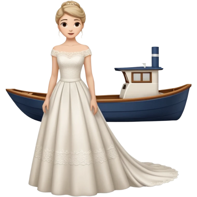 Chica blanca ,ojos marrones, vesti novia ajustado largo, escote barco cuerpo entero ,pelo muy largo y recogido emoji