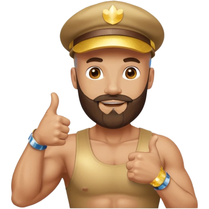 Bald bearded muscular man in cap giving thumbs up, Instagram logo, golden 500, sparkles, minimal emoji style emoji