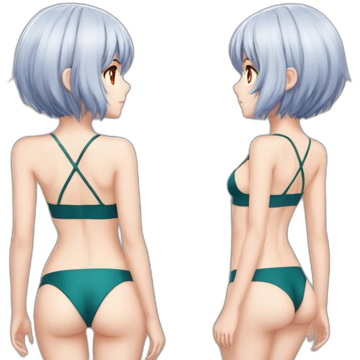 realistic full body rei ayanami nue short hair teen back and front views bikini emoji