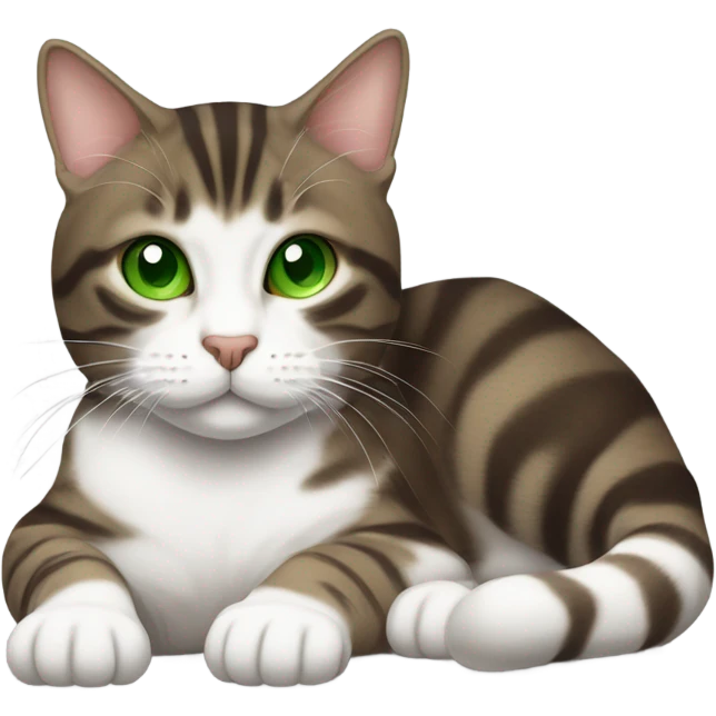 Dark brown and white Tabby Cat laying on the side with green eyes emoji