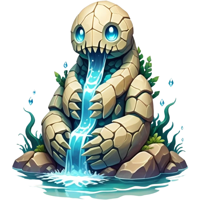 Design a unique elemental sandstone guardian golem creature that combines the crystalline rock golem's defensive fortitude with the spectral water serpent's fluid grace, perhaps creating a being with a segmented stone core that flows like water and channels ghostly aquatic energy through embedded gems. fluorescent bioluminescence between the cracks emoji