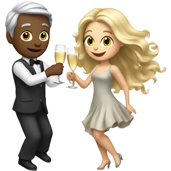 a boy with gray hair and a girl with long blond wavy hair dancing with a glass of champagne emoji