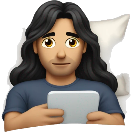 A man with long black hair cozy in bed on phone  emoji