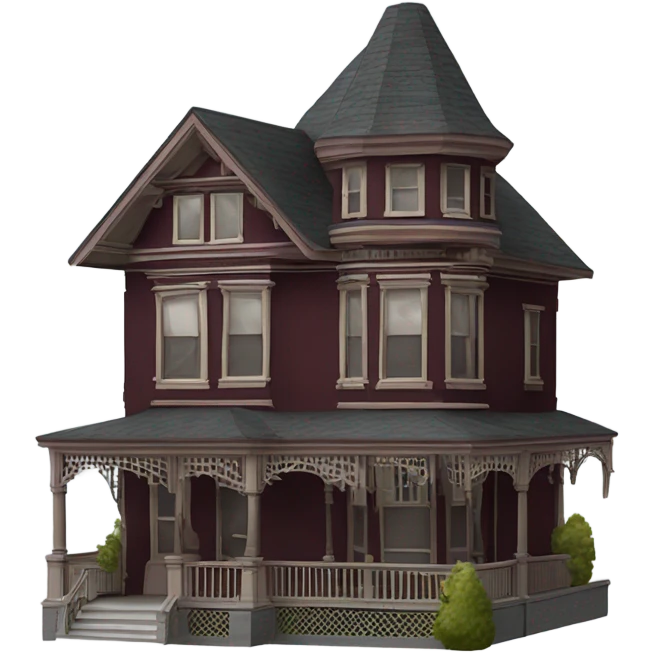 Maroon victorian cedar sided house with 2 window roof perchs emoji