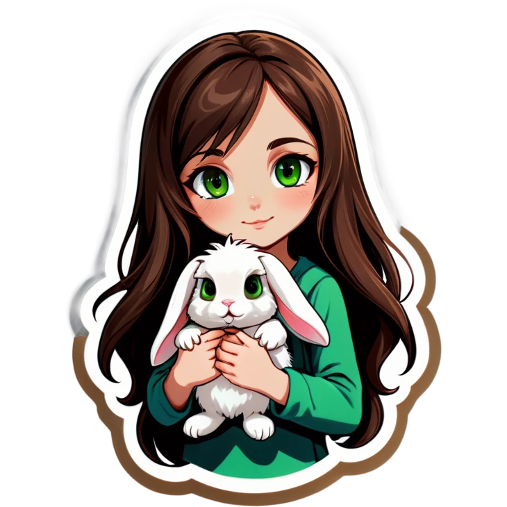 Long brown haired, green eyed girl holding a bunny. The bunny has floppy ears and has gray fur. emoji