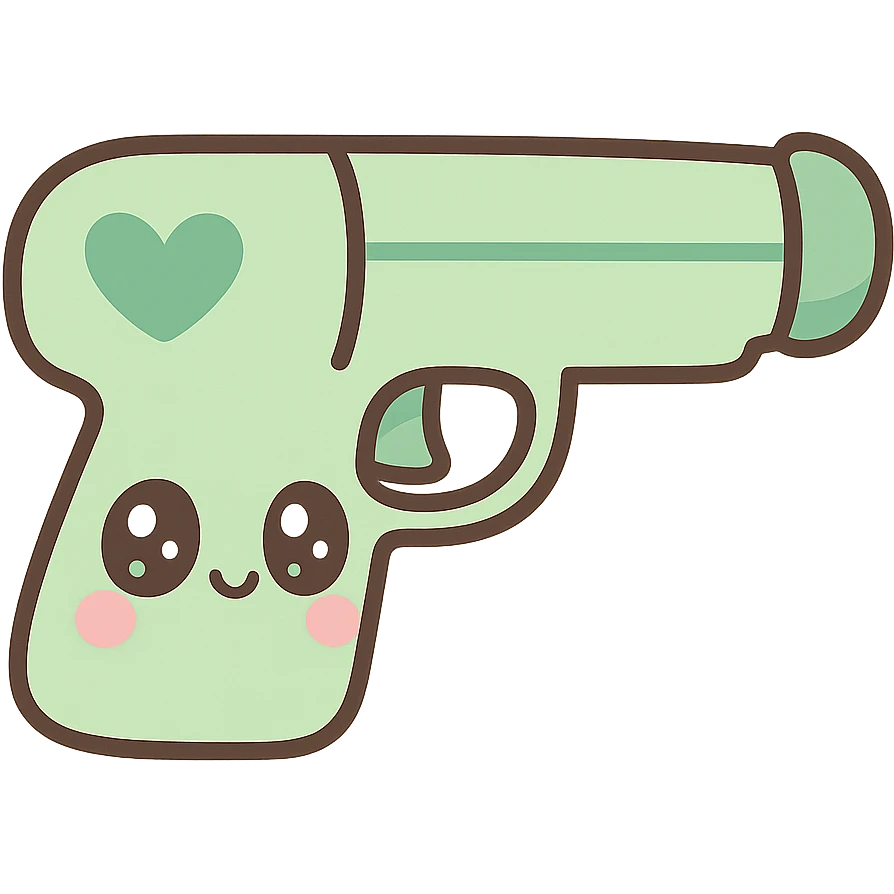 green heart pistol, kawaii style, cute face on the handle, big eyes emoji