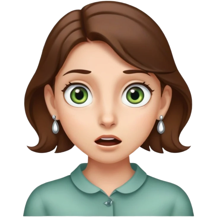 girl with gray-green eyes, brown hair, earrings, mole on cheek, surprised emotion emoji