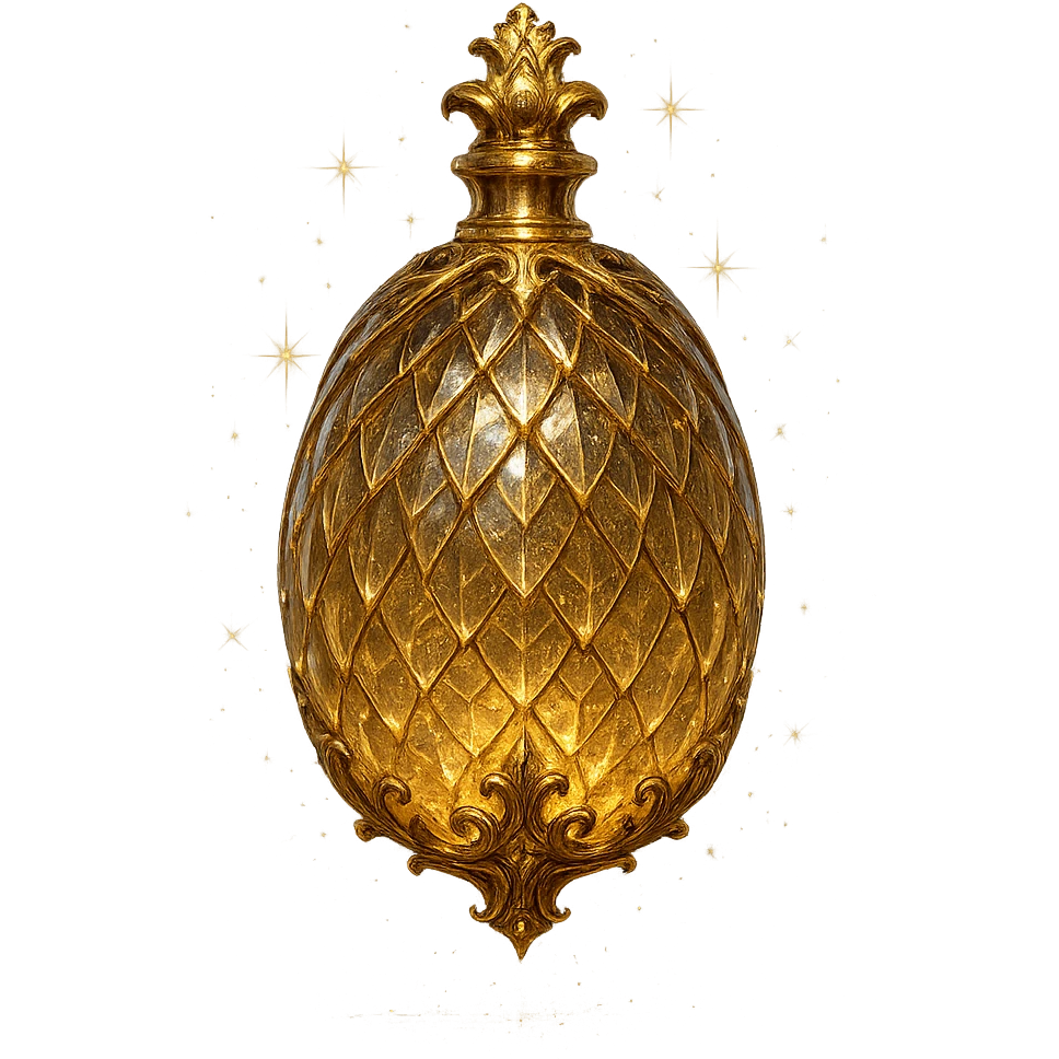crystal luxurious elixir bottle in an oval shape inspired by a dragon egg, with scale patterns, lots of glowing, edges, ornaments, golden details, magical effects, very small golden neck, transparent background, beautiful merging bottom, clearly floating in the air, no base or shadow, very luxurious, magical, fitting a collection emoji