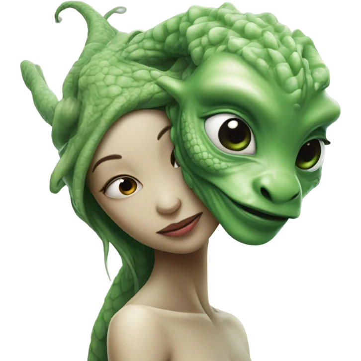 Photo realistic, alien female green, kissing and embracing china dragon emoji
