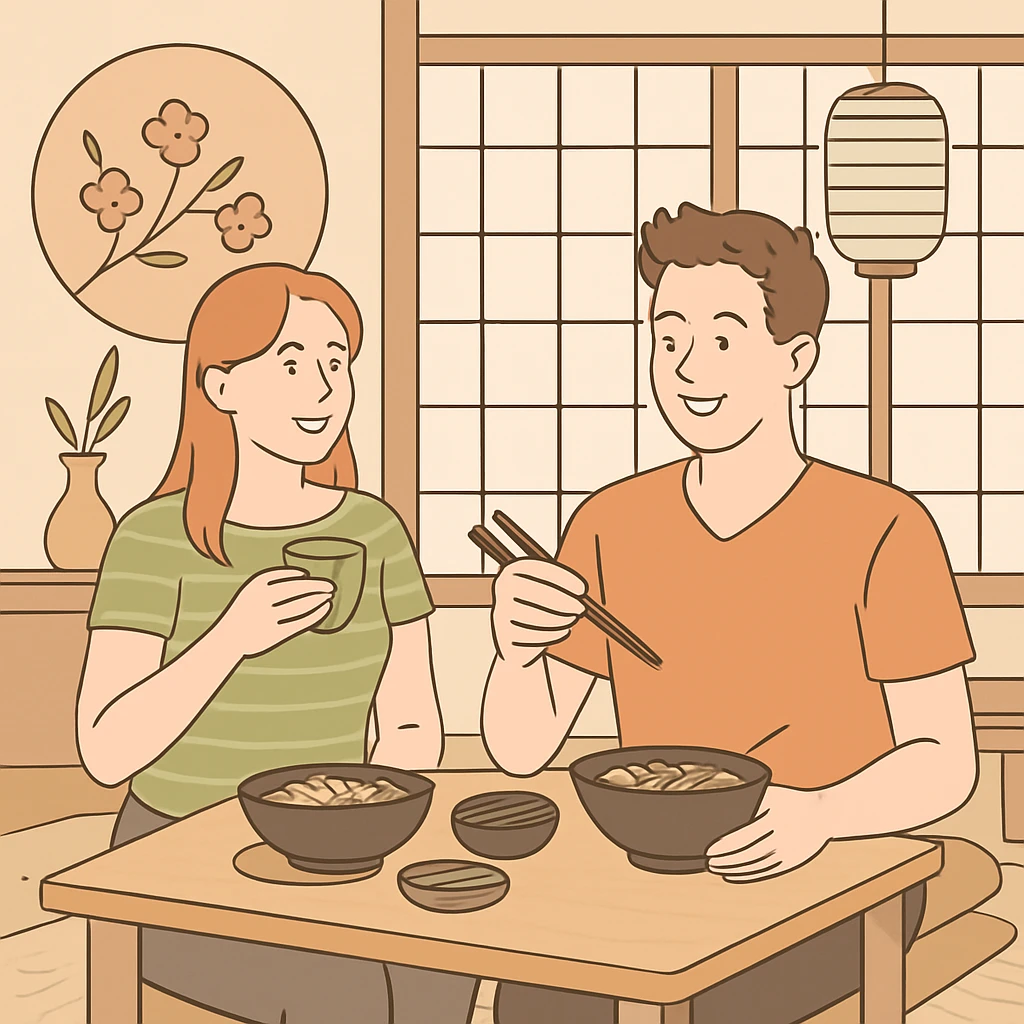 Young couple having a romantic dinner date in a modern Japanese cafe. The woman is holding a teacup while the man is using chopsticks. The cafe features shoji screens, tatami seating area, and traditional Japanese decorative elements. emoji