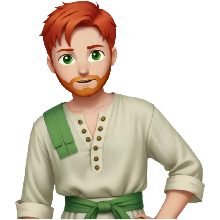 medieval spring outfit worn by a DnD themed fantasy male character. fine linen tunic with a buttoned neckline and a sash tied loosely at the waist. clothes only above the waist. The clothes full waist. The character's haven't arms. character is white-skinned, red hair, green eyes, short straight hair. emoji