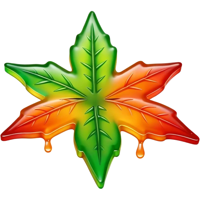 bright colorful gusher gummy shaped like a marijuana leaf with visible liquid center and liquid dripping emoji