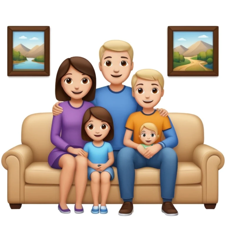 family posing for photo, living room background emoji