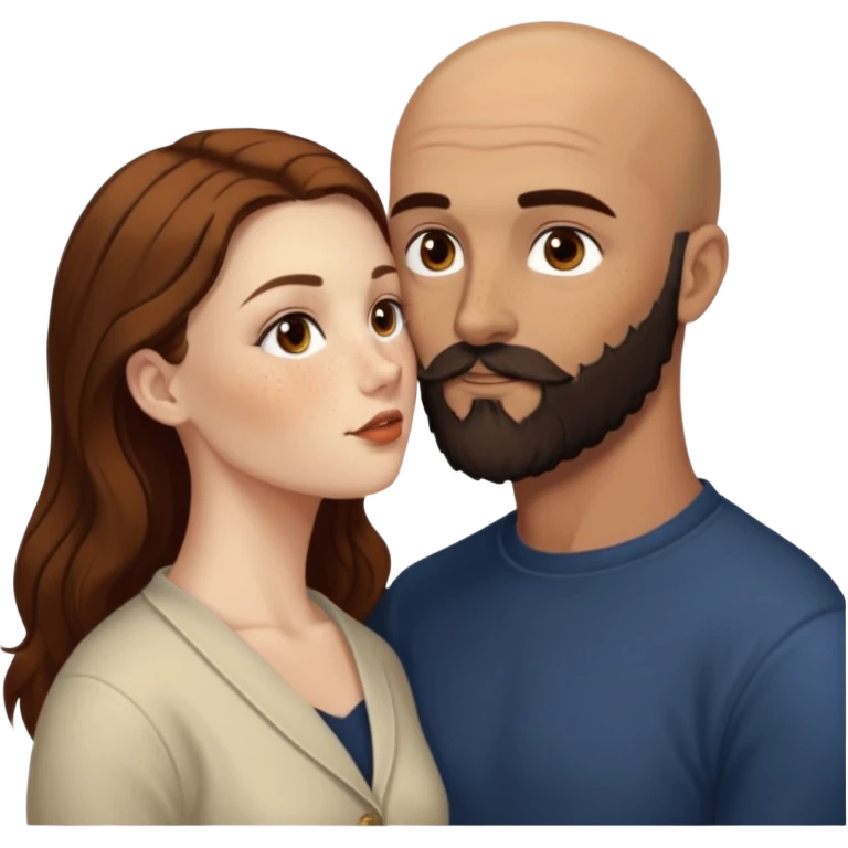 Couple. Bald man with dark brown-black beard. White woman with many small, faded freckles, she has white skin and she has auburn-brown-cinnamon, dark long hair. She has light brown eyes. The man have hazel eyes. She have light eyes. Retro style. She kisses him. Dark akademia. emoji