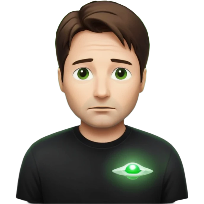 Mulder from the x-files looking very very worried (not trusting anyone today) while wearing a dark t-shirt with no markings. A green beam of light from a UFO illuminates him emoji