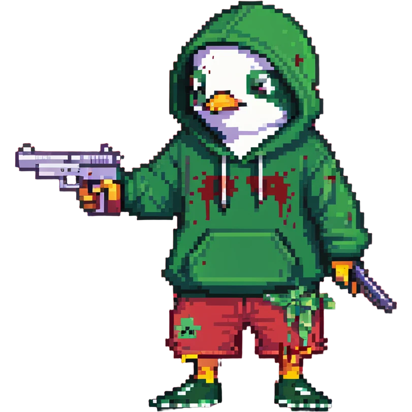 A cute half-dolphin half-penguin thug with a gun, green hoodie with blood stains, wearing Dollar General shorts emoji