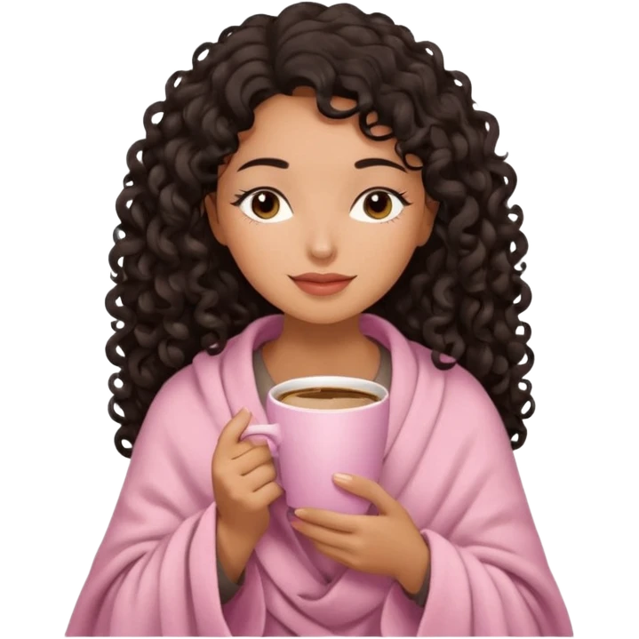 hispanic woman, deep tan skin, black long 3b curls, closed eyes, feminine face, holding soft pink coffee cup with beige blanket over shoulders emoji