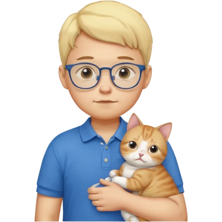 emoji ios, soft boy carrying a cat, light yellow skin, blue polo shirt, bespectacled, cute and a little plump, with slightly chubby cheeks. emoji