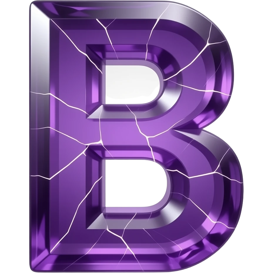A hyper-realistic 3D letter 'B' carved from translucent purple amethyst, filled with glowing internal fractures. Volumetric lighting, cinematic glow, dark background, 8k resolution, emoji