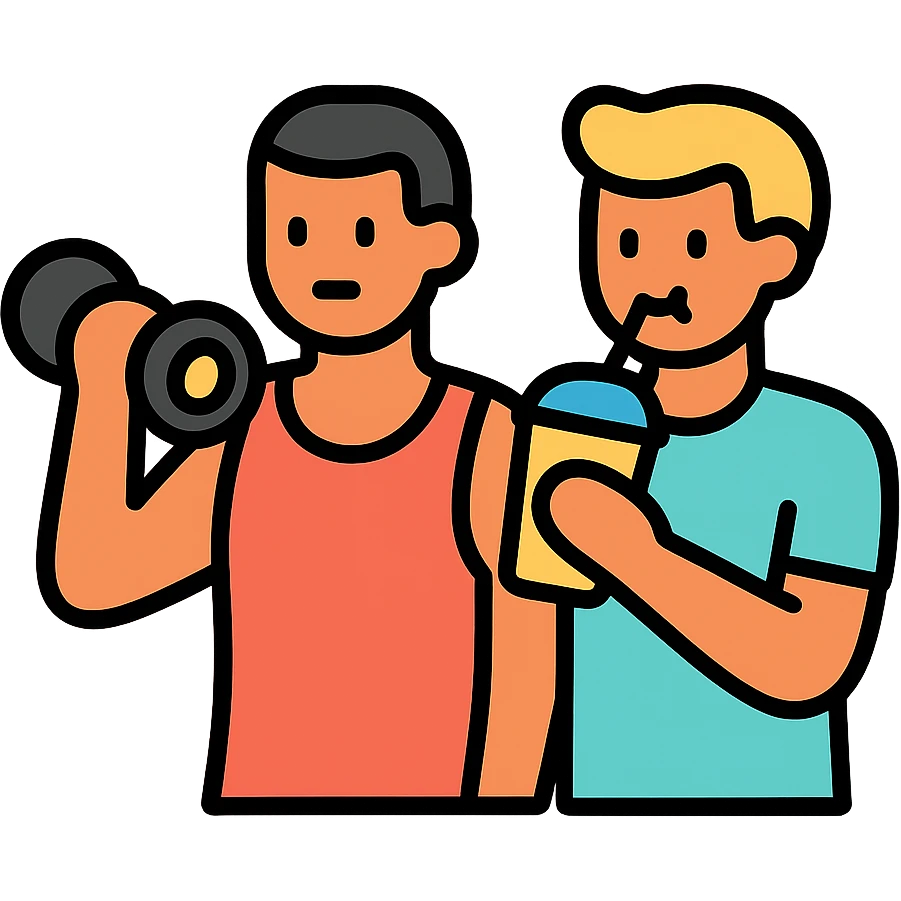 two gym buddies, one man working out, the other sipping a smoothie, icon style, simple and clear design emoji