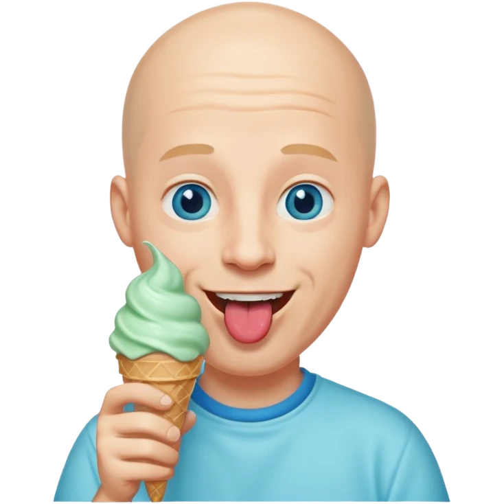 Smiling Bald man with blue eyes with mint ice cream cone sticking out tongue emoji