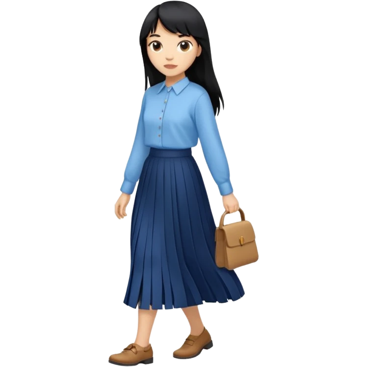 hair : black long hair with fringe 
skin : light 
cloth : oversize light blue shirt + navy long long skirt 
motion : walking 
carry: just hand emoji