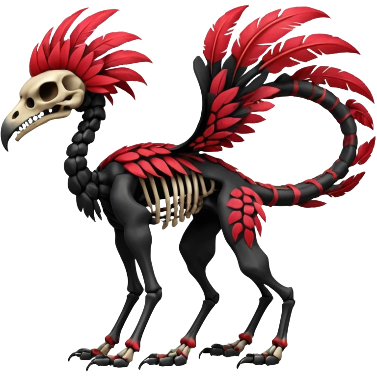 Rare realistic dark edgy tropical tribal patterned red-feathered skeletal badass epic handsome gorgeous aesthetic colorful vibrant black-skulled Vernid-Trico-species-Fakemon-creature by LiLaiRa, 4 legs, 1 tail, random markings, (full body) emoji