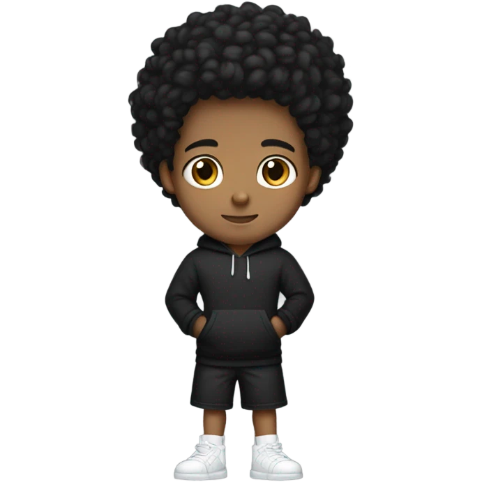 a young male with medium skin and curly black hair, wearing a black hoodie and matching shorts with white sneakers, emoji