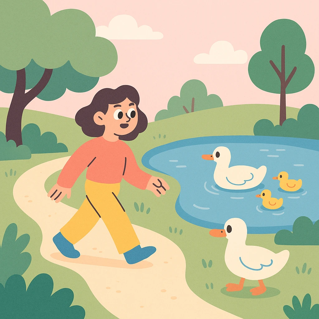 park scene with pond and ducks, walking path, soft pastel tones, illustration style emoji